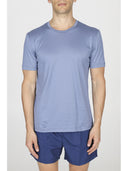 Summer t-shirt in pure cotton jersey in solid colors: blue, red, and aero