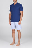 Pigiama corto serafino in popeline e jersey bluette, per un comfort contemporaneo