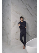 Completo homewear collo a serafino, in soffice modal blu