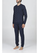 Pigiama uomo, in traspirante jersey di puro cotone s/z in fantasia in blu