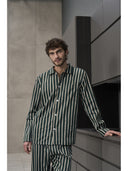 Pigiama classico uomo gessato verde a cardigan, 100% popeline