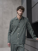 Pigiama classico uomo gessato verde a cardigan, 100% popeline