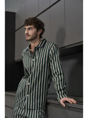 Pigiama classico uomo gessato verde a cardigan, 100% popeline